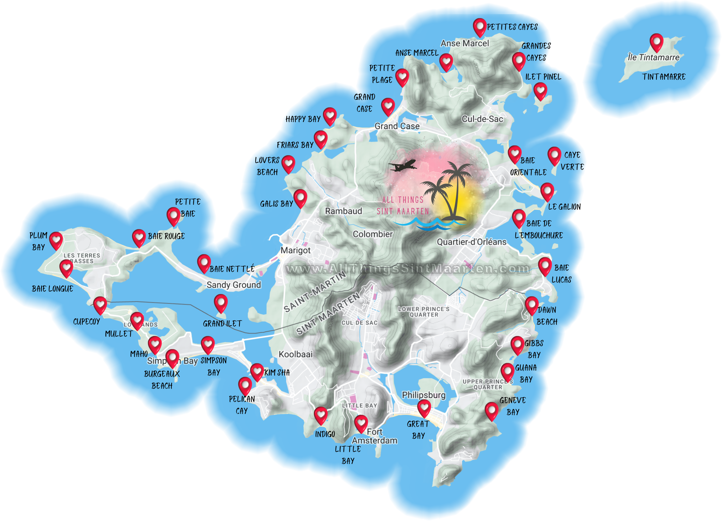 Map of all SXM beaches - Sint Maarten and Saint Martin
